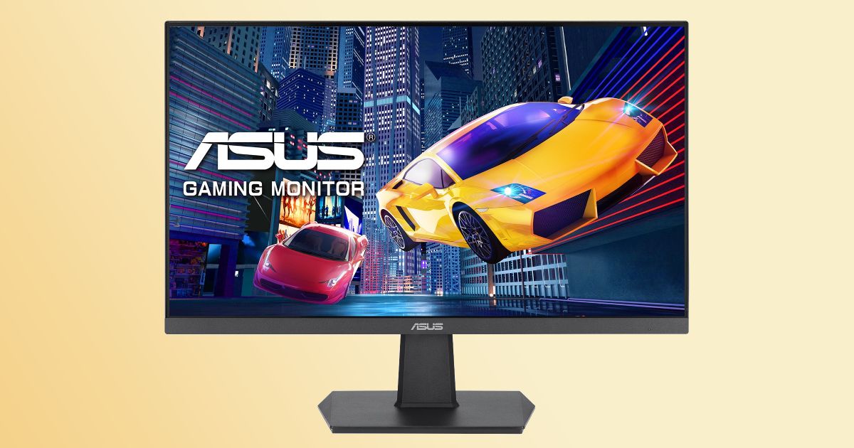 A near-frameless ASUS monitor with an orange Lamborghini and red Ferrari on the screen in front of a gradient orange background.