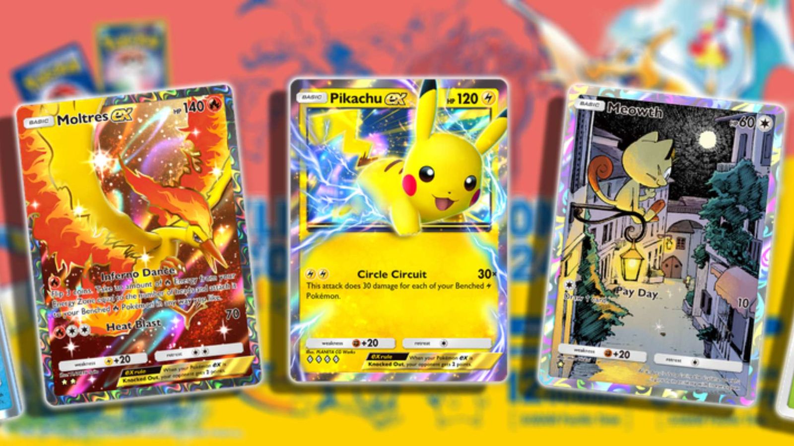Three Pokemon cards are sitting on top of each other