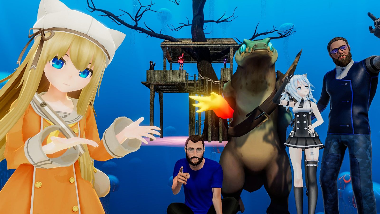A group of avatars, including anime girls, a reptile-like character, and some dudes standing in a blue space in VRChat