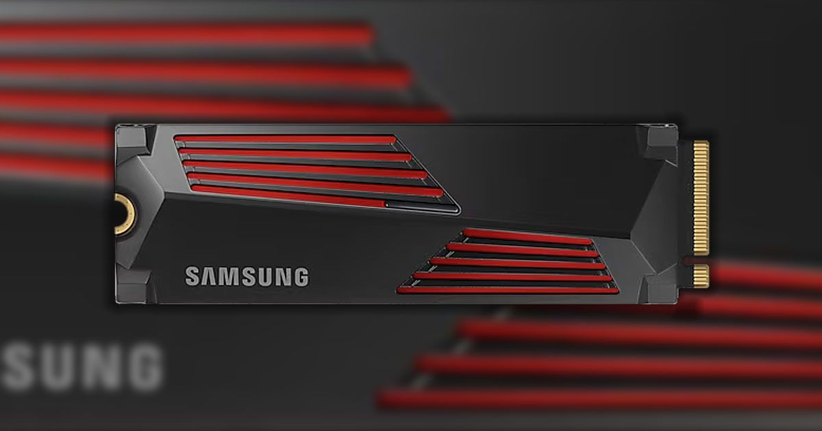 A black SSD featuring gray Samsung branding and red lines across the top with a blurry, enlarged image of the SSD in the background.