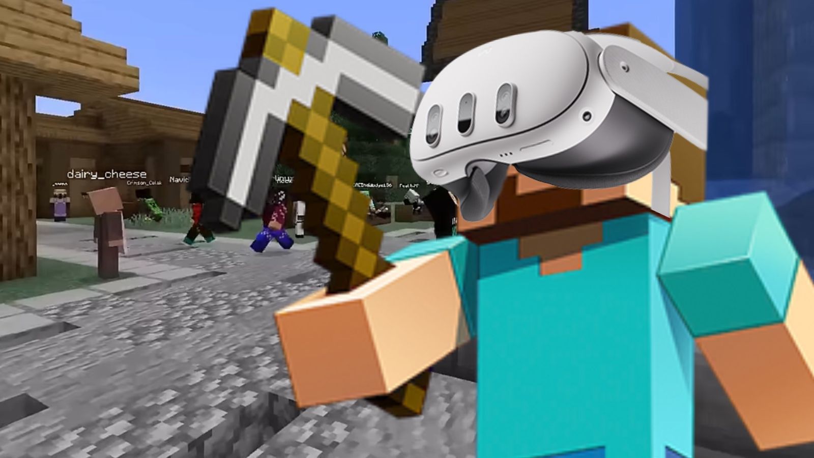 Minecraft Steve wearing a Meta Quest 3 headset whilst holding his pick axe in QuestCraft