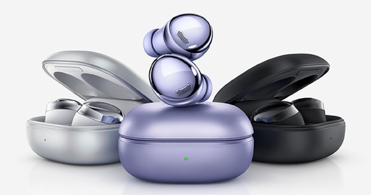 The Samsung Galaxy Buds 2 Pro color range next to each other with the lilac ones in front.