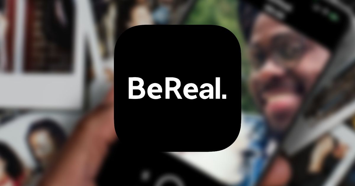 BeReal app logo in front of a blurred image of a man taking a picture on his smartphone in BeReal