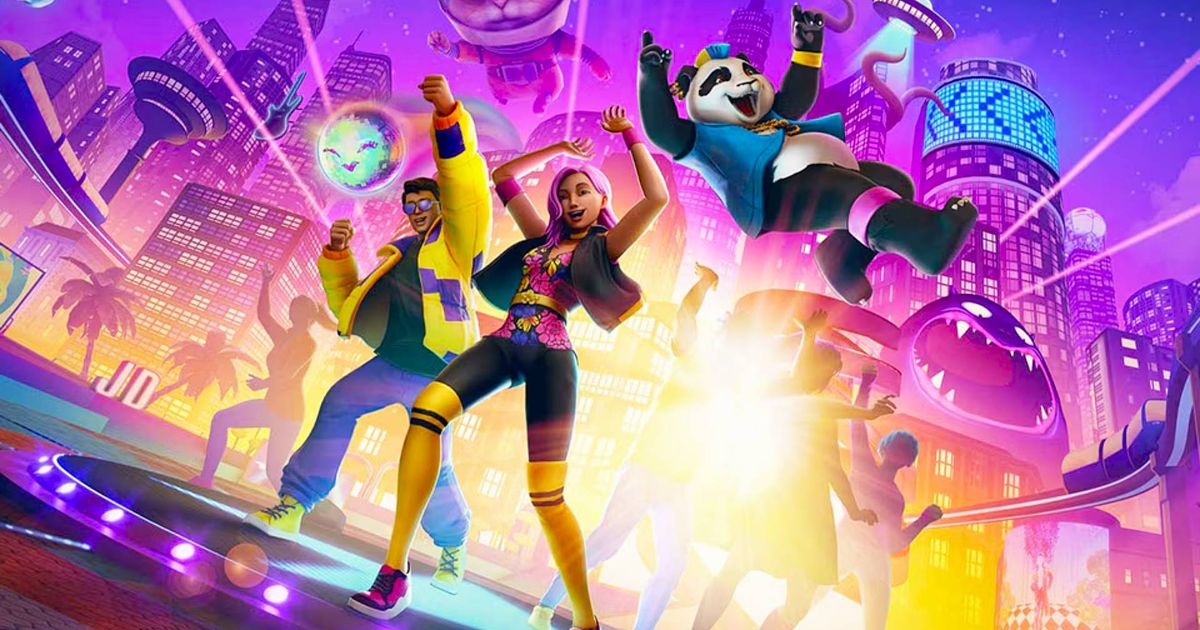 Several Just Dance VR avatars with their hands up including a man in a yellow jacket, a woman with pink hair, a panda with a blue and yellow mohawk and a cat astronaut.