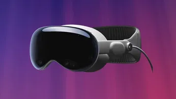 Apple Vision Pro headset in front of a SteamVR wallpaper