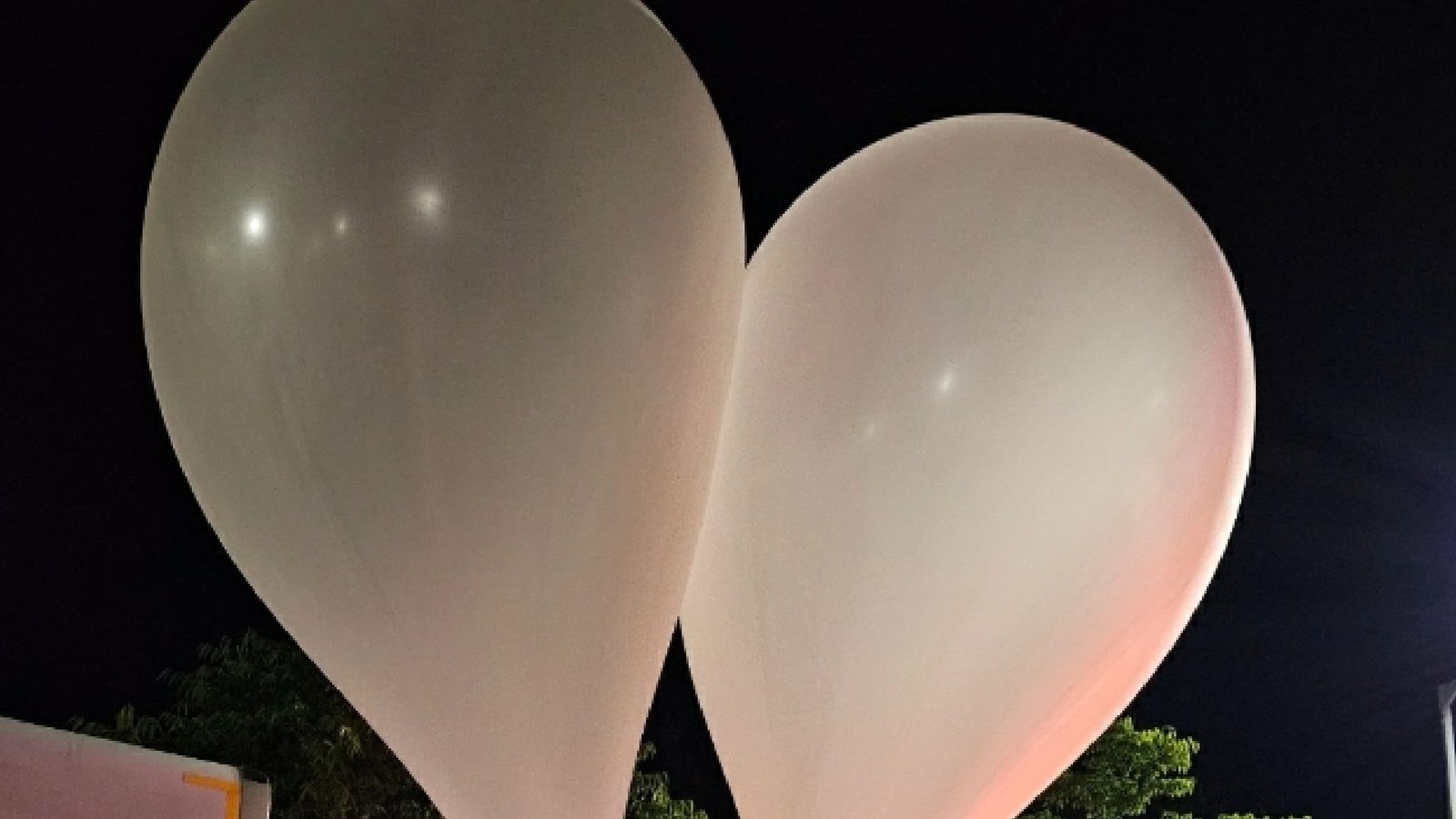 Two balloons carrying bags of poo in an image taken in South Korea