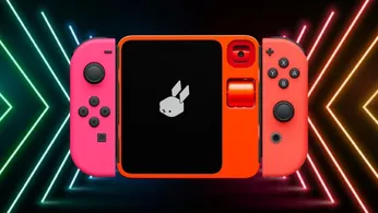 A Rabbit r1 device with two Nintendo Switch Joy-Cons attached to it in front of a Razer neon arrow background