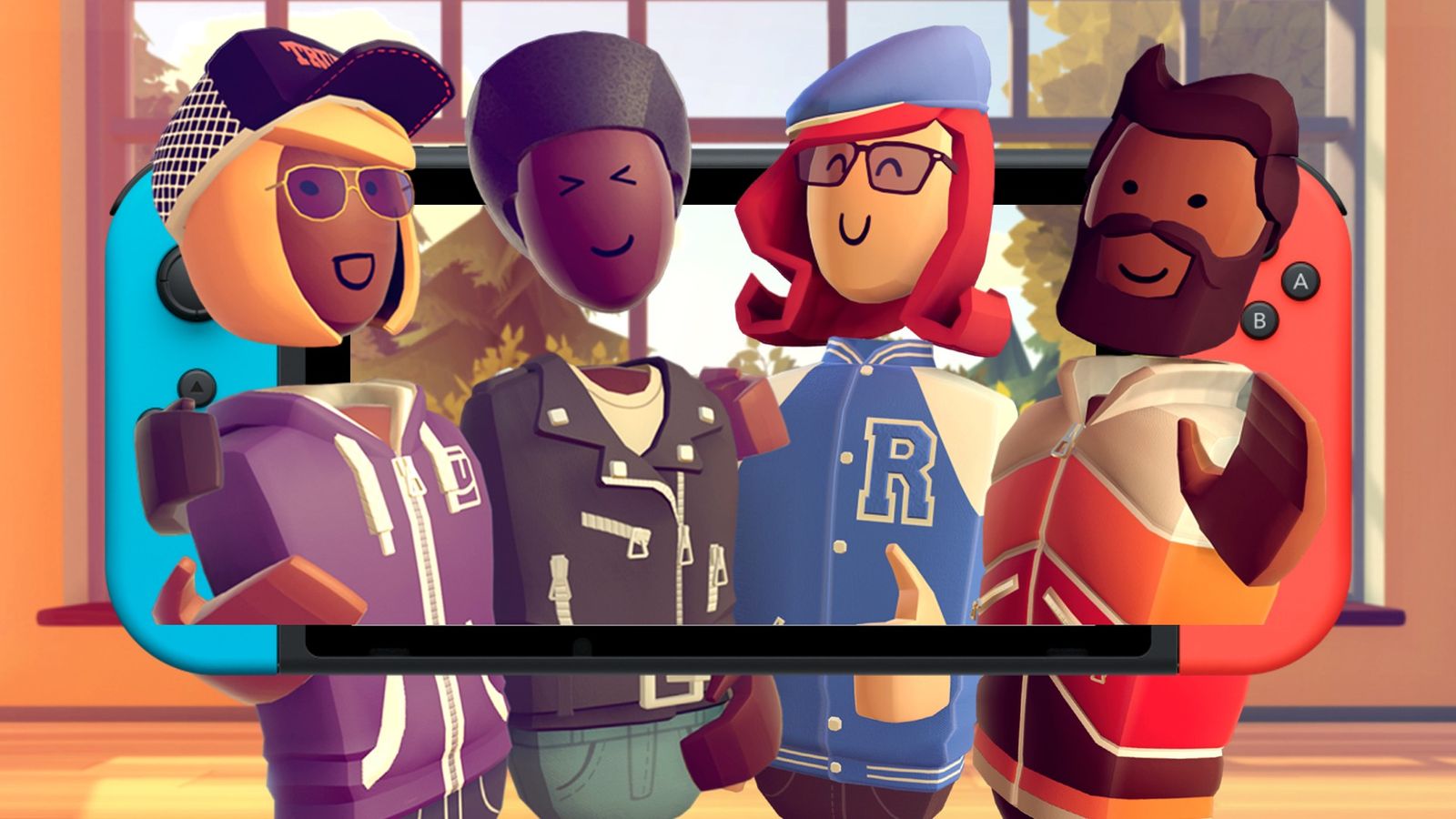 A group of Rec Room avatars standing together inside a Nintendo Switch console