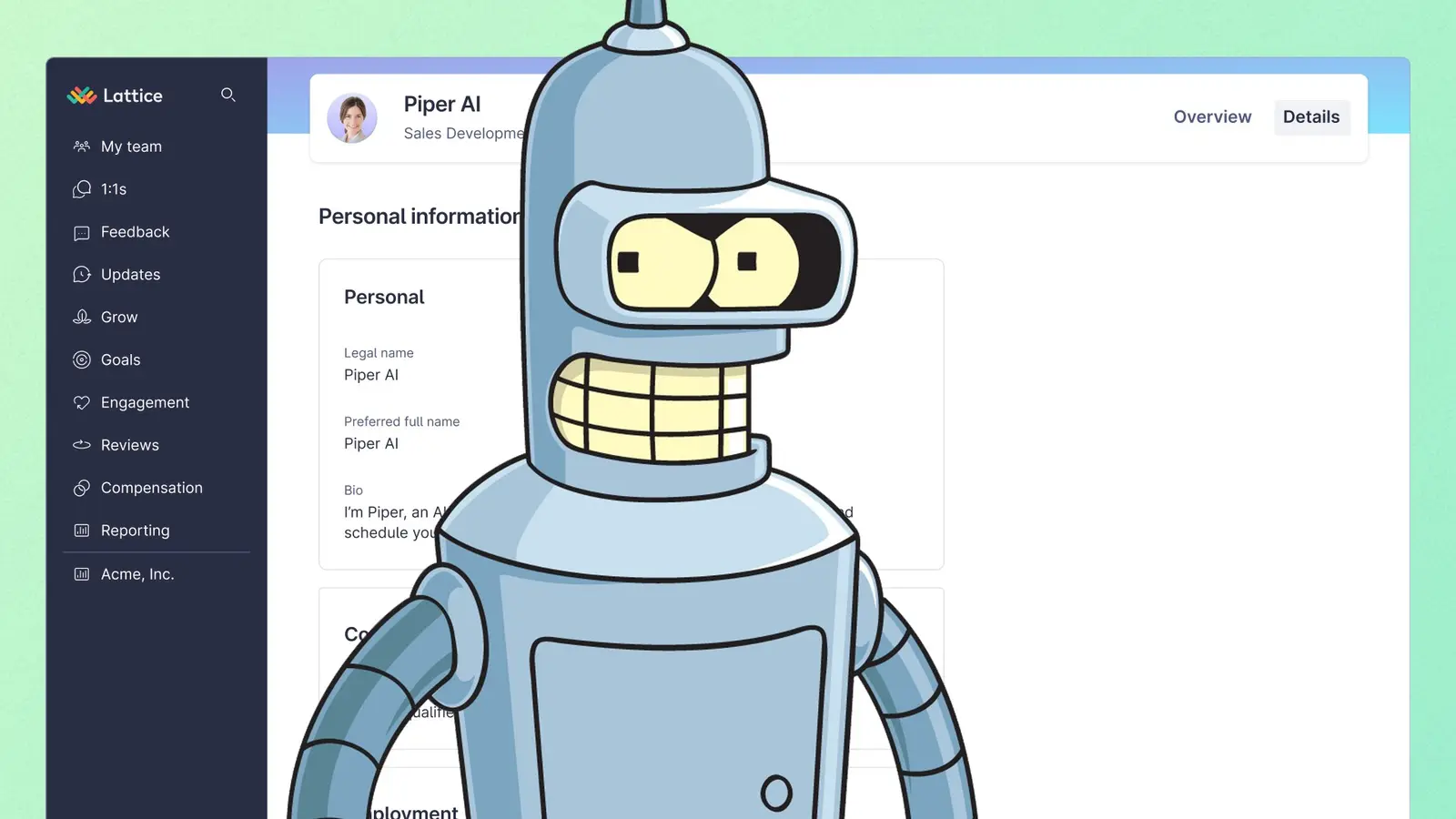 Bender the robot from Futurama in front of a screenshot of Lattice's new AI workers idea
