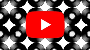 a YouTube logo is surrounded by black vinyl records on a white background