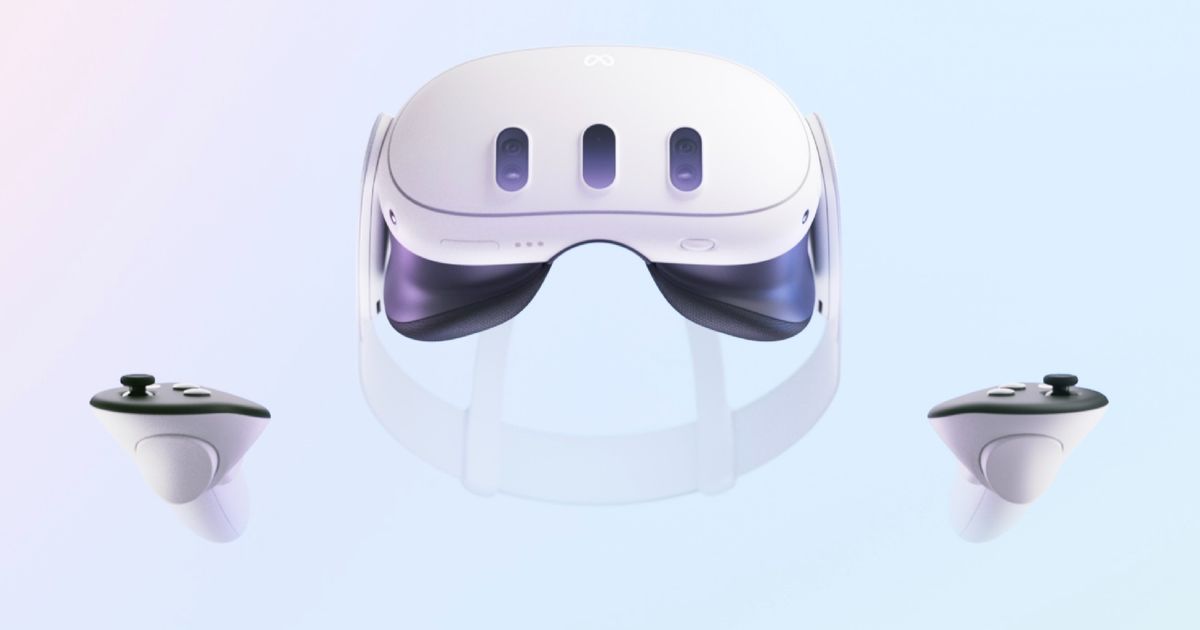 Meta Quest 3 VR headset and the controllers next to it in Meta press image
