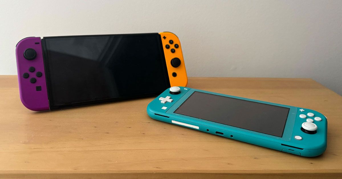 An OLED Switch with purple and yellow Joy-Cons next to a blue Switch Lite with white buttons.