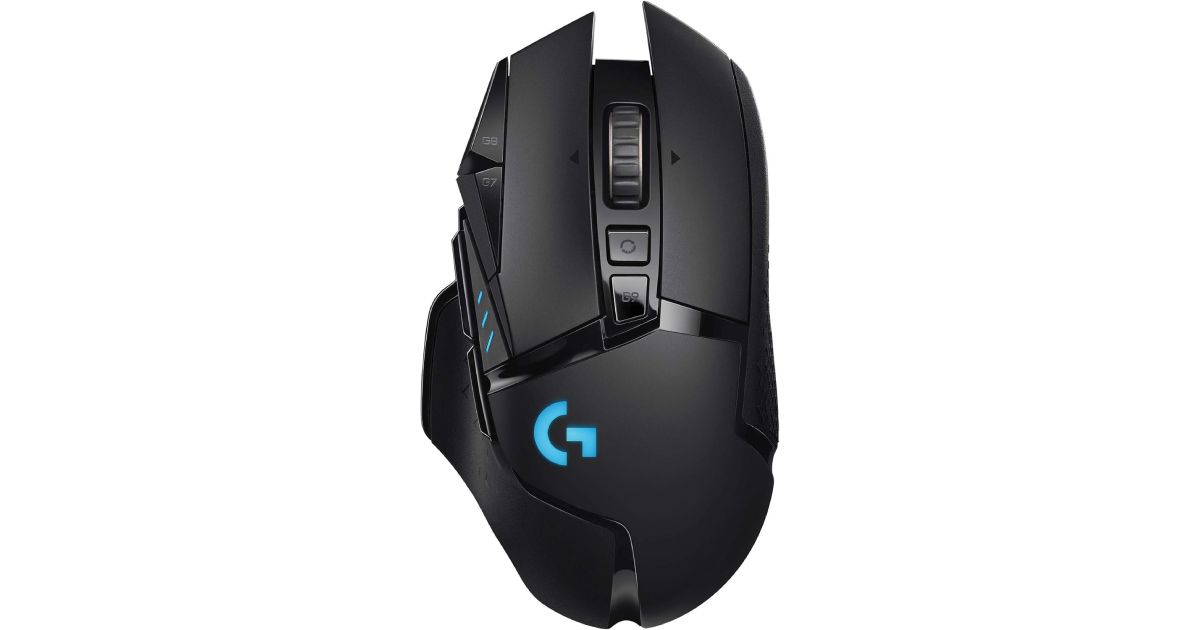 Logitech G502 Lightspeed product image of a black ergonomic wireless mouse featuring blue lighting.